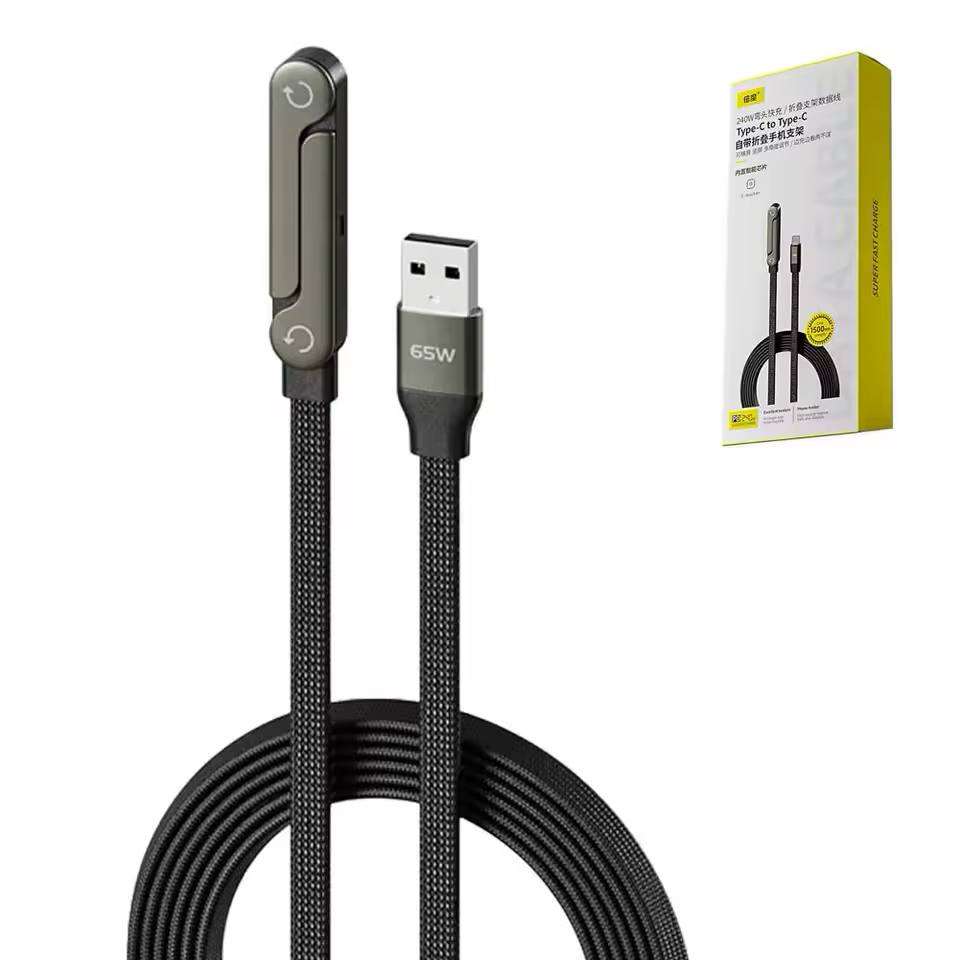 65/240W Fast Charging Foldable Bracket Data Cable 2-in-1 Braided Data Wire Folding Phone Holder Tablet Stand Rotation Adjustabl
