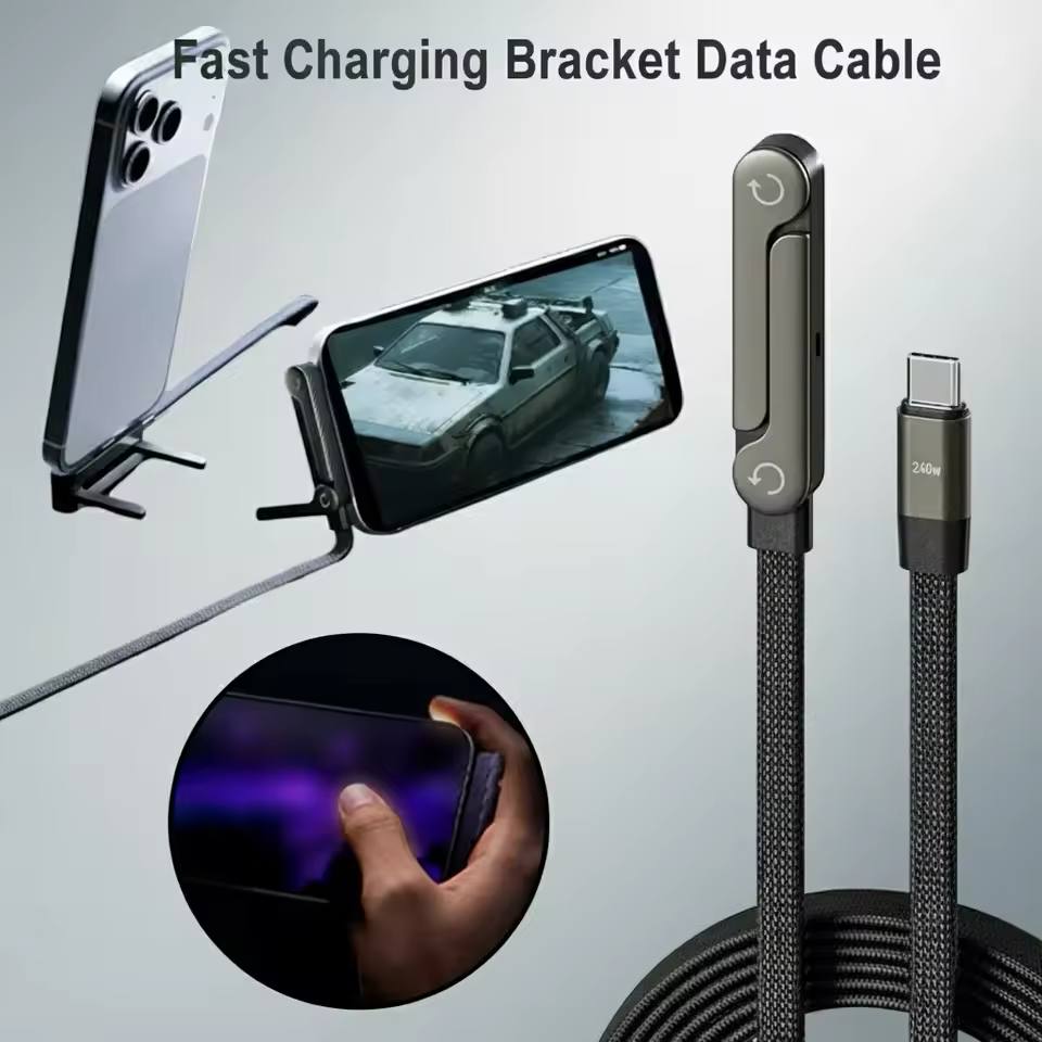 65/240W Fast Charging Foldable Bracket Data Cable 2-in-1 Braided Data Wire Folding Phone Holder Tablet Stand Rotation Adjustabl