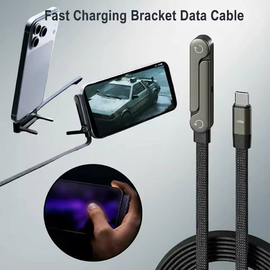 65/240W Fast Charging Foldable Bracket Data Cable 2-in-1 Braided Data Wire Folding Phone Holder Tablet Stand Rotation Adjustabl
